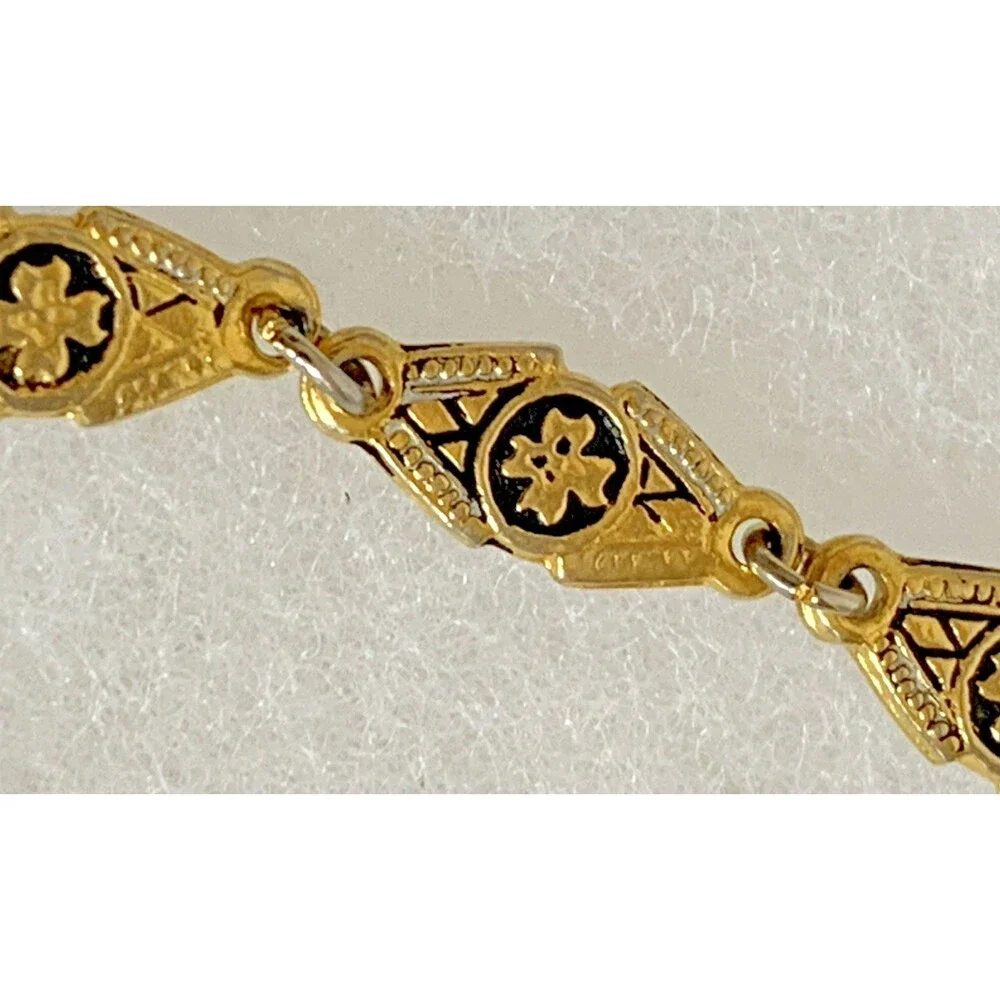 Vintage Damascene Bracelet Made In Spain Black Enamel Gold Tone Charm 7" - Picture 6 of 9